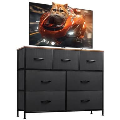 WLIVE 7 Drawer Dresser TV Stand, Entertainment Center, Media Console Table with Metal Frame and Wood Top for TV up to 45 inch, Chest of Drawers for Bedroom, Living Room, Black and Rustic Brown - Image 1