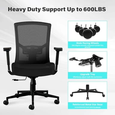 Big and Tall Office Chair 600lbs, Ergonomic High Back Computer Desk Chair for Heavy People with 2D Adjustable Waist Support and Heavy Duty Metal Base Mesh Chair - Image 6