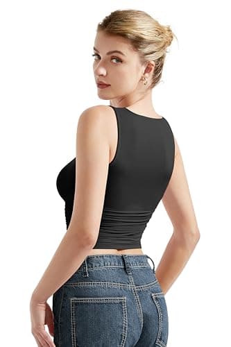 SUUKSESS Women Double Lined Sleeveless Going Out Basic Tank Tops Ruched Summer Casual T Shirts (Black,Small) - Image 3