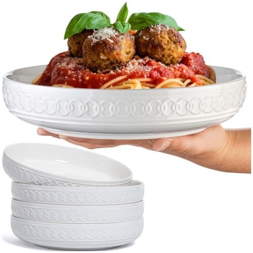 Annovero Pasta Bowls Set for 4 - Dinner Bowl Plates - Blates - Flat Dinnerware - Large Shallow White Dishes - Big Rimmed Porcelain Serving Dish for Eating Spaghetti - 40 Oz Capacity - 9 Inch Diameter - Image 1