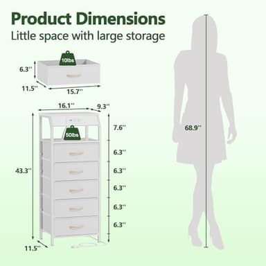 Furnulem 5 Drawers Dresser with Charging Station, Tall Night Stand with Open Shelf, Storage Tower with PVC & Fabric Drawer, Bedside Table for Bedroom, Closet, Entryway, 3 Ways to Use, White - Image 3