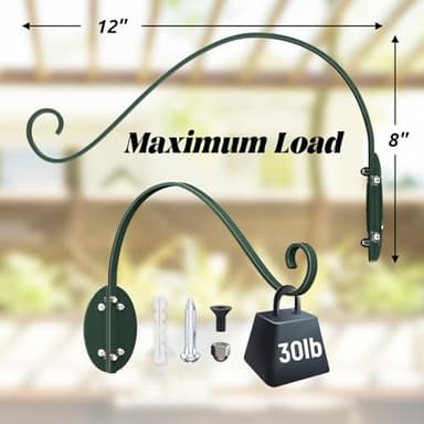 2-Pack 16” Plant Hanger Bracket: Heavy-Duty Plant Hangers Outdoor - Hand-Forged Wrought Iron Plant Hanging Hooks Bird Feeder Hanger - Green Curved Wall Hooks for Baskets, Flower, Indoor & Outdoor - Image 5