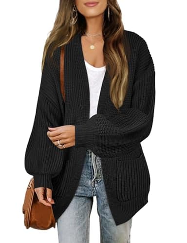 MEROKEETY Women's 2025 Open Front Chunky Cardigans Lantern Long Sleeve Oversized Knit Outwear with Pocket, Black, L - Image 1