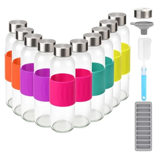 Zukro Glass Water Bottles with Lids & Silicone Grip Sleeve 18 oz, 10 Pack Reusable 100% Leak Proof Juice Bottles With Stainless Steel Cap for Juicing, Smoothie Drinking Jar, Fridge & Dishwasher Safe - Image 1