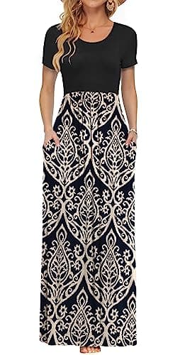 AUSELILY Women's Short Sleeve Loose Plain Casual Long Maxi Dresses for Women 2025 Black Khaki M - Image 2