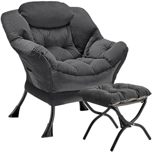 Congermom Lazy Chair with Folding Ottoman Modern Large Accent Chair,Contemporary Lounge Leisure Sofa Chair with Armrests Upholstered Sofa Armchair Reading Chair for Bedroom,Dorm & Office (Dark Grey-f) - Image 1
