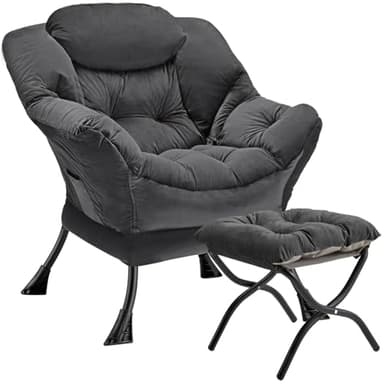 Congermom Lazy Chair with Folding Ottoman Modern Large Accent Chair,Contemporary Lounge Leisure Sofa Chair with Armrests Upholstered Sofa Armchair Reading Chair for Bedroom,Dorm & Office (Dark Grey-f) - Image 1