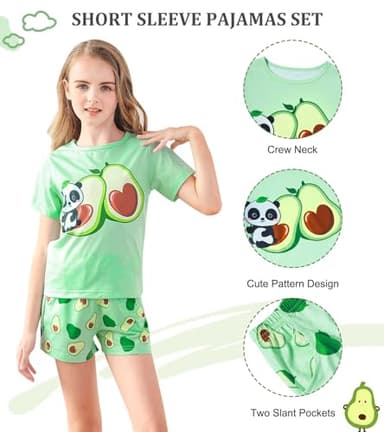 uideazone Pajamas for Girls Size 9-10 Cute Acocado 3 Pieces Nightwear Kids Pjs Set Cute Tank Top Shorts Sleepwear Soft Loungewear - Image 6