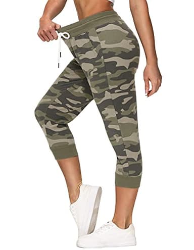 SPECIALMAGIC Women's Sweatpants Cropped Jogger French Terry Running Pants Lounge Loose Fit Drawstring Waist with Side Pockets Camouflage Army Green S - Image 4