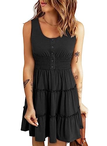 Dokotoo Womens Summer Dresses 2025 Sleeveless Button Down Smocked Waist Ruffle Tiered Casual Swing Mini Easter Dress Beach Vacation Clothes for Women Sun Tank Tshirt Sundress Outfits Black Large - Image 1