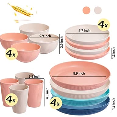 LIYH 32pcs Wheat Straw Dinnerware Sets for 8 Pink Plastic Plates and Bowls Sets,Plastic Plates Reusable,Dishwasher Freezer Safe (Pink Beige) - Image 2