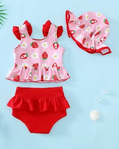 Toddler Girl Bathing Suit Infant Baby Girl Swimsuit 18-24 Month 2 Piece Red Strawberry Baby Girl's Bikini Summer Swimwear Beach Tankini Outfits Set - Image 3