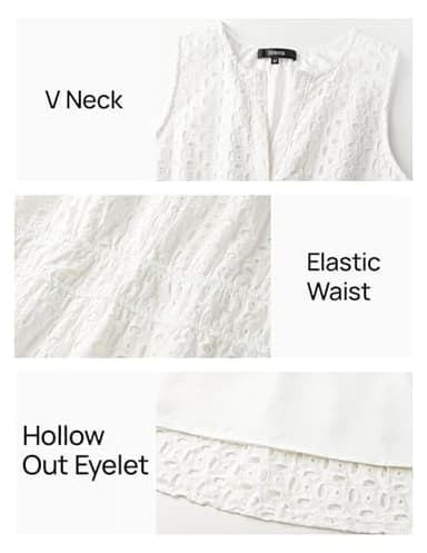 ZESICA Women's Summer Sleeveless Mini Dress V Neck Hollow Out Eyelet High Waist A Line Swing Short Party Dresses,White,Medium - Image 6