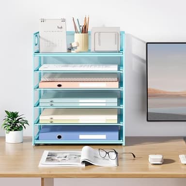Subekyu 6 Tier Office File Paper Desk Tray Organizer with Handle, Stackable Slide Mesh Letter Tray Folder Blue Desk Organizer, Desktop Document Sorter for Classroom, Office, Home Supplies Storage - Image 7