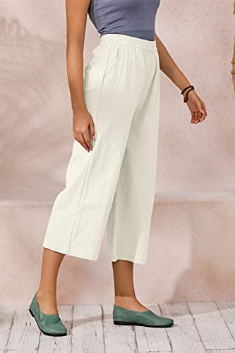 Womens Cotton Cropped Pants Loose Fit Wide Leg Capri Casual Plus Size Elastic Waist Trousers White 3XL - Image 2
