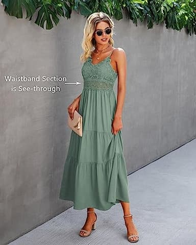 Dokuritu Women's Beach Crochet Lace Maxi Dress Wedding Guest Bridesmaid Cocktail Summer Spaghetti Strap Long Sage Green Dresses 2025(SproutGreen,L) - Image 8