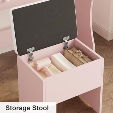 LIKIMIO Makeup Vanity Desk with Mirror and Lights, Pink Makeup Vanity Table Set with Stool Drawers, Power Socket, Dressing Table with 3 Lighting Colors, Vanities for Bedrooms - Image 8