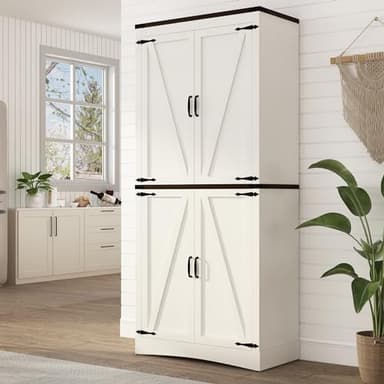 71in Farmhouse Kitchen Pantry Cabinet,Tall Storage Cabinet with 4 Doors and Adjustable shelves,with Load-Bearing Steel Pipe,Wood Storage Cabinets for Kitchen,Dining Room,Bathroom(White - Image 3