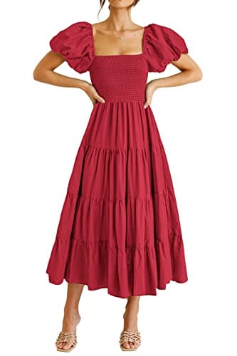 PRETTYGARDEN Women's Casual Summer Midi Dress Puffy Short Sleeve Square Neck Smocked Tiered Ruffle Dresses (Red,Medium) - Image 1