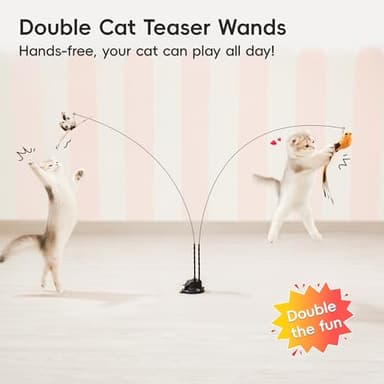 Potaroma Suction Cup Cat Wand Toys, Dual-Wand Interactive Kitten Toy for Indoor Cats with 5 Pcs Feathers Balls Attachments, Charcoal Base - Image 2