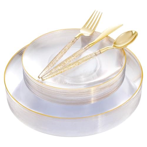 Liacere 150PCS Clear Gold Plastic Plates - Gold Plastic Silverware with Glitter Handle - Clear Disposable Plates Include 30 Guests Plates, Forks, Spoons, Knives for Wedding & Party&Chrismas - Image 1