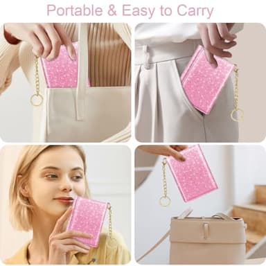 Trifold Small RFID Blocking Wallet Pocket Cute Short Slim Sparkling Credit Card Holder Leather Keychain Ladies Mini Purse with ID Window, Glitter Peach - Image 6