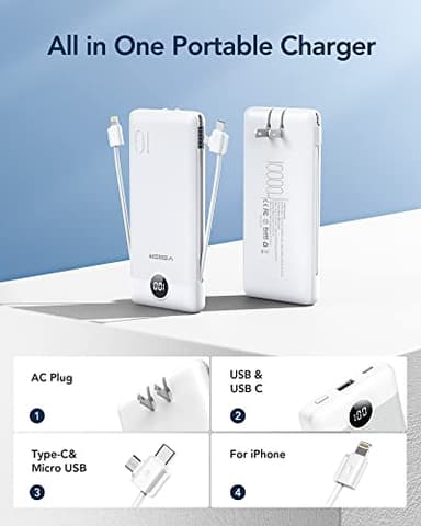 VEGER Portable Charger with Built-in AC Plug and Cables, All in One 10000mAh Ultra Slim Power Bank Travel Essentials, 15W Fast Charging Battery Pack Compatible with iPhone, Samsung, Android (White) - Image 2