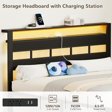 Furnulem Full Size Bed Frame with LED Light and Charging Station, Wood Storage Headboard with 2-Tier Shelves, Metal Platform Bed with Heavy Duty Slats Support, No Box Spring Needed, Black Oak - Image 7