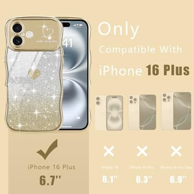 Teageo for iPhone 16 Plus Case for Women Girls Cute Curly Wavy Love Heart Glitter Bling Camera Protection Sparkly Luxury Elegant Shockproof Cover Clear Wave Phone Case for iPhone 16 Plus 6.7", Gold - Image 2