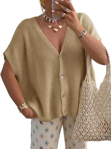 Saodimallsu Womens Summer Oversized Cardigans Batwing Short Sleeve Lightweight Button V Neck Casual Knit Sweater Tops Dark Khaki - Image 1