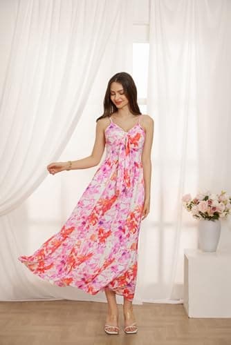 Summer Floral Bohemian Sleeveless Dress Casual Spaghetti Strap Tie Front Smocked Flowy Ruffle Long Dress - Image 6