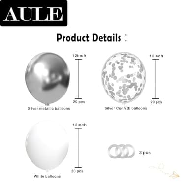 AULE Metallic Silver White Confetti Balloons 12 inches 60 Pack Premium Latex Balloons with Silver Ribbons for Birthday Decorations - Image 2
