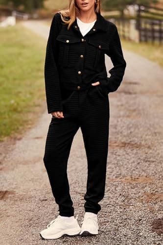 PRETTYGARDEN Womens Two Piece Sets Fall 2025 Long Sleeve Button Down Shacket Jacket Long Sweatpants Tracksuit Winter Clothes (Black,Large) - Image 4