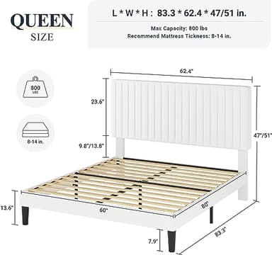 Allewie Queen Bed Frame, Velvet Upholstered Platform Bed with Adjustable Vertical Channel Tufted Headboard, Mattress Foundation with Strong Wooden Slats, Box Spring Optional, Easy Assembly, White - Image 2