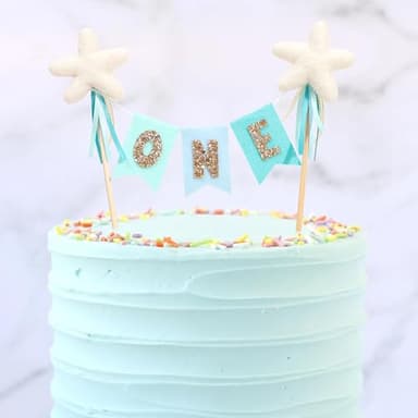 Felt Bunting Gold Glitter Cake Topper - First Birthday Party Decorations,1st Star Glitter Cake Bunting Topper,One Year Old Photo Prop (Blue One) - Image 3