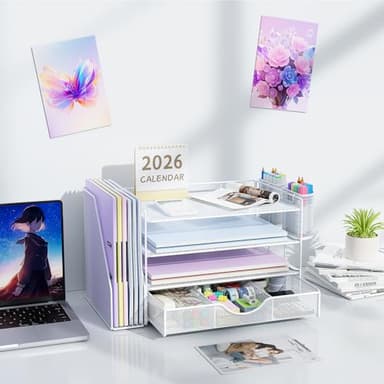 gianotter Desk Organizers and Accessories with File Holder, 4-Tier Desk Accessories & Workspace Organizers with Drawer and 2 Pen Holder, Paper Organizer for Office Supplies (White) - Image 7