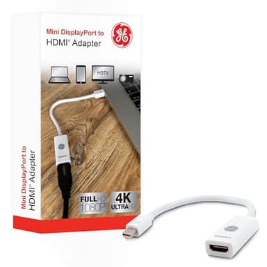 GE Mini DisplayPort Thunderbolt to HDMI Adapter, Compatible with Apple iMac, MacBook and PC, Supports Full HD 1080P and 4K Ultra HD, White, 33589 - Image 1