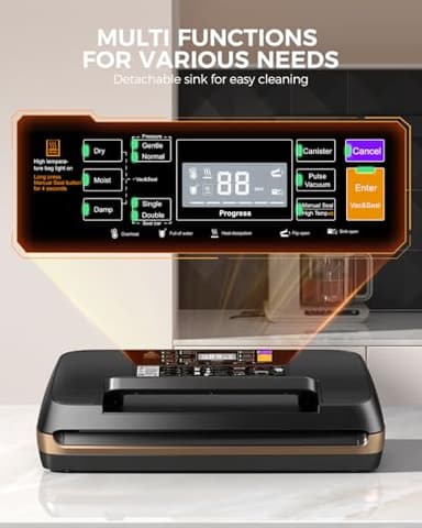 MZROT 95kpa Vacuum Sealer Machine, Commercial Full Automatic Food Sealer, Food Vacuum Sealing Machine with Cutter, 10 Pre-cut Bags & Bag Rolls and Accessory Hose, Fully Starter Kits - Black Gold - Image 6