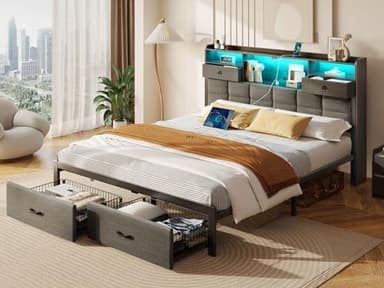 Rolanstar Bed Frame Full Size with Drawers and Charging Station, Upholstered Platform Bed with Storage Headboard and LED Light, Heavy Duty Metal Frame Support, No Box Spring Needed, Noise Free, Grey - Image 7