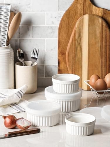 LE TAUCI Ramekins with Silicone Lids, 4 OZ Ceramic Soufflé Dishes, Ramekin Bowls for Crème Brûlée, Dessert, Dips, Oven & Microwave Safe, Set of 4, White - Image 8