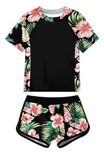 Swimsuit for Girls Size 12 13 Two Piece Rash Guard Bathing Suit Set Blue Hawaiian Floral Swimwear with Boyshort Quick Dry - Image 1