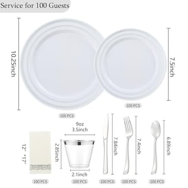 ISFANGCO 700 PCS Silver Plastic Dinnerware for 100 Guests, Silver Disposable Plate for Party Wedding with 100 Dinner Plates, 100 Dessert Plates, 100 Silverware Set, 100 Cups, 100 Napkins - Image 3