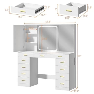 ALEXNUTRE Makeup Vanity Desk with Lights, 47.2" Vanities Desk with 11 Storage Drawers and Hidden Storage Shelves, White Vanity with 3 LED Lighting Modes Adjustable & Charging Stations, for Bedroom - Image 6