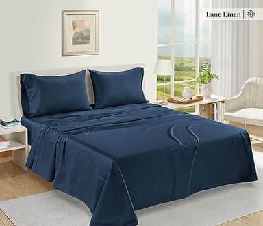 LANE LINEN 100% Egyptian Cotton Queen Sheet Set, 16 inch Deep Pocket Fully Elasticized French Reinforced Pocket Seams for Soft, Comfy & Fresh Bed Eco Friendly Cooling Sheets Queen -Estate Blue - Image 2
