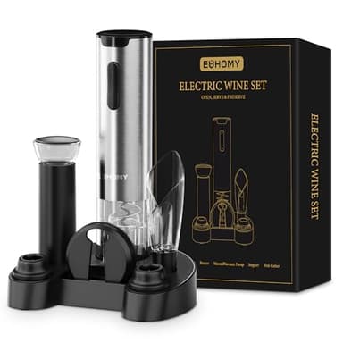 EUHOMY Electric Wine Opener with Charging Base, Wine Aerator Pourer and Foil Cutter, Stainless Steel Automatic Corkscrew Opener with Wine Vacuum Stopper, Fine Set for Wine Lovers - Image 1