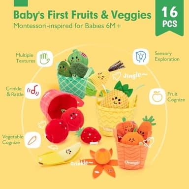 hahaland Baby Sensory Toys - 16 PCS My First Fruit Vegetable Color Sorting Play Food with Crinkle, Rattle, Baby Toys 6-12 Months Montessori Toys for 1 Year Old Boy Girl Gifts Toddler Stocking Stuffers - Image 2