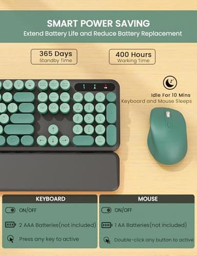 Wireless Keyboard and Mouse Combo - Cute Typewriter Keyboard with Detachable Wrist Rest, Retro Round Keycaps, Foldable Legs, 2.4GHz Keyboards for PC Laptop, Mac, Windows - Trueque (Black and Green) - Image 5