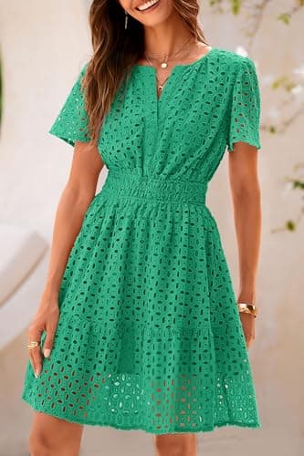 PRETTYGARDEN Womens 2025 Summer Short Dress V Neck Short Sleeve A Line Hollow Out Lace Ruffle Cute Casual Beach Party Dresses (Green,Medium) - Image 6