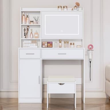 Viaozutis Vanity Desk with Mirror and Lights, with Hidden Shelves,4 Compartments,2 Drawers,Cabinet & Stool,Dimmable LED Lights,Power Outlets, Ideal for Bedroom Vanity Organization(White) - Image 2
