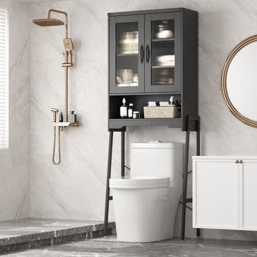 Over The Toilet Storage Cabinet with Tempered Glass Doors & Adjustable Shelf, Bathroom Organizer with Metal Stand Space Saver Over Toilet , Tall Freestanding Shelf/Rack for Bathroom, Black - Image 1